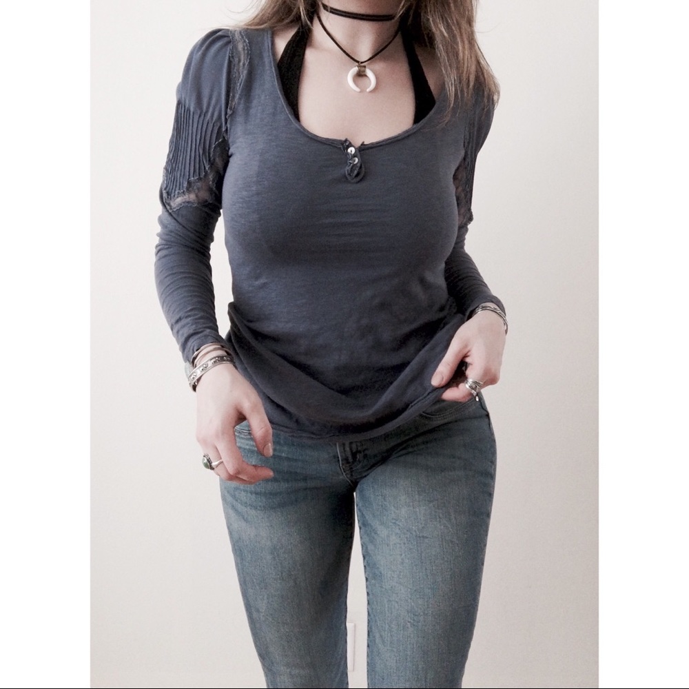 Free People Lace Shoulder Mini Henley Tee